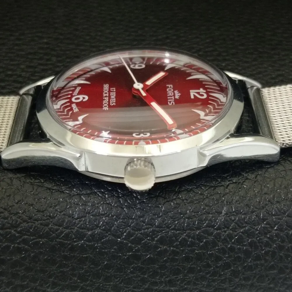 Vintage 1985 Fortis Manual Mens Silver Watch W/Steel Strap & Red accents